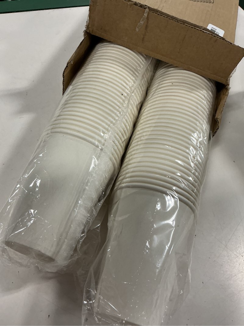 Condition photo showing New/Like New for paper coffee cups 12 oz, 100 pack white disposable cups for hot & cold beverages, sturdy with leak-resistant lining, ideal for home, small office, party and travel