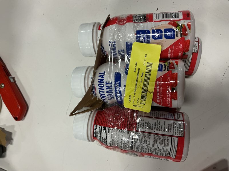 Condition photo showing As Is for exp 5/8/27 equate strawberry nutritional shake  8 fl oz  6 count