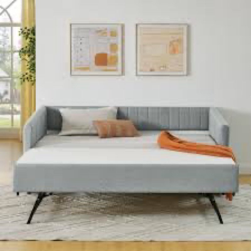 SIMILAR TO STOCK PHOTO NOT COMPLETE KEIKI Twin Size Upholstery Tufted Daybed with Erectable Trundle, Twin to King Design Modern Extendab