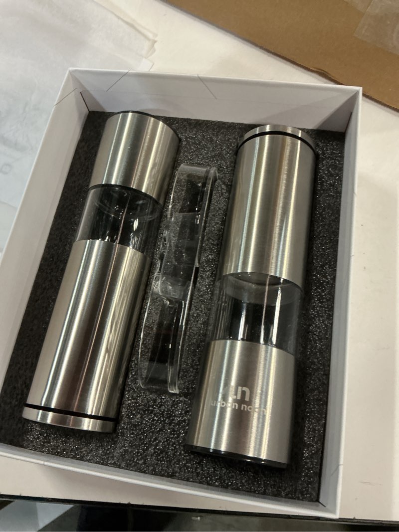Condition photo showing New/Like New for Salt and Pepper Grinder Set - Stainless Steel Pepper Grinder and Salt Grinder with Tray in Luxurious Gift-Box - Manual Mills with Ceramic Grinders and Adjustable Coarseness (Set of 2 plus Tray) Grinder Set UN5 with Tray
