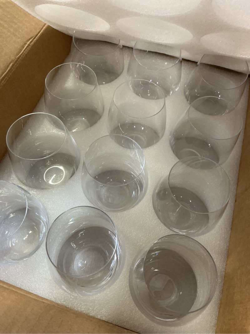 Condition photo showing New/Like New for fawles stemless wine glasses set of 12, 15 ounce smooth rim standard wine glass tumbler for red, white wine, dishwasher safe