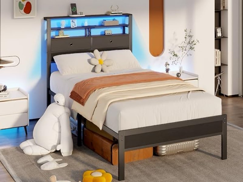 Furnulem Twin Bed Frames with Charging Station and LED Lights, Wood Headboard with 2 Fabric Drawers and Storage Shelves, Twin Size Platform Bed with Metal Slats, No Box Spring Needed, Black Oak