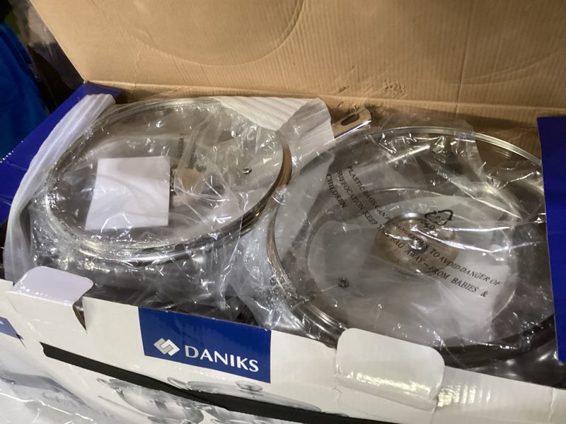 Condition photo showing Good Condition for daniks classic 12-piece stainless steel cookware set with glass lids, includes saucepan and frying pan with lid, tri-ply bases for even heating, induction compatible, dishwasher safe 12-pcs set