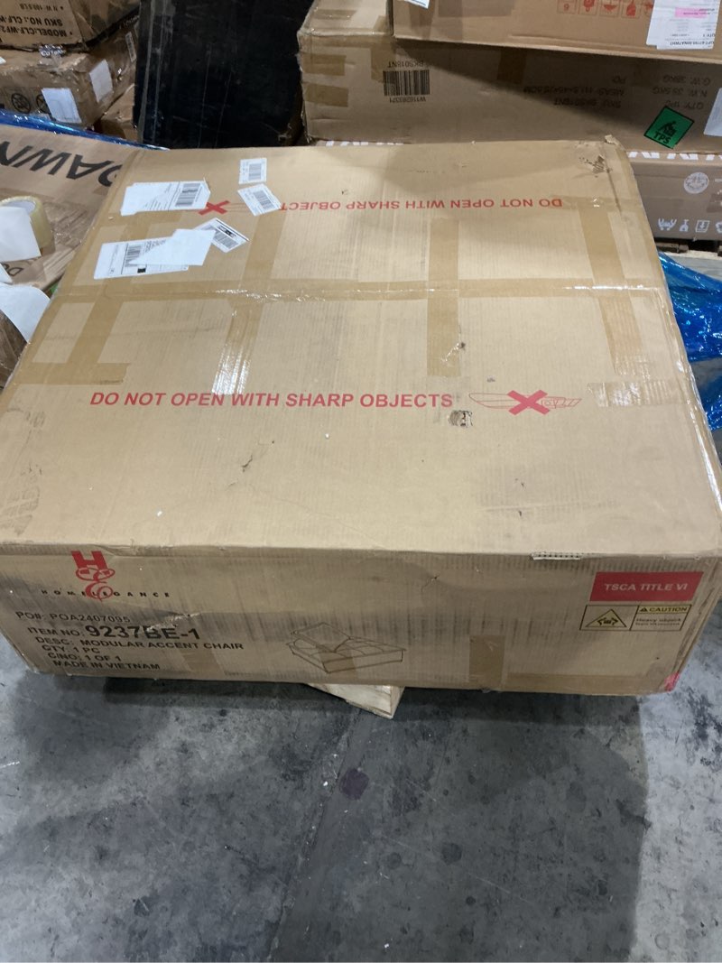 Condition photo showing New/Like New for Benzara Zoe 40 Inch Ottoman Chair- Modular- Beige Boucle- Button Tufted- Solid Wood