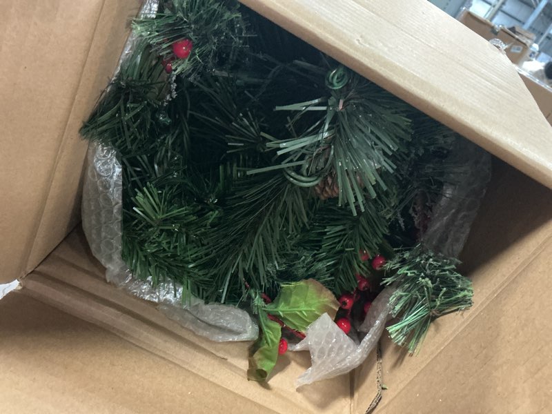 Condition photo showing Good Condition for national tree company 9 ft pre-lit wintry pine flocked artificial christmas garland, christmas decoration with pinecones, red berries, 100 clear lights, 184 tips, green