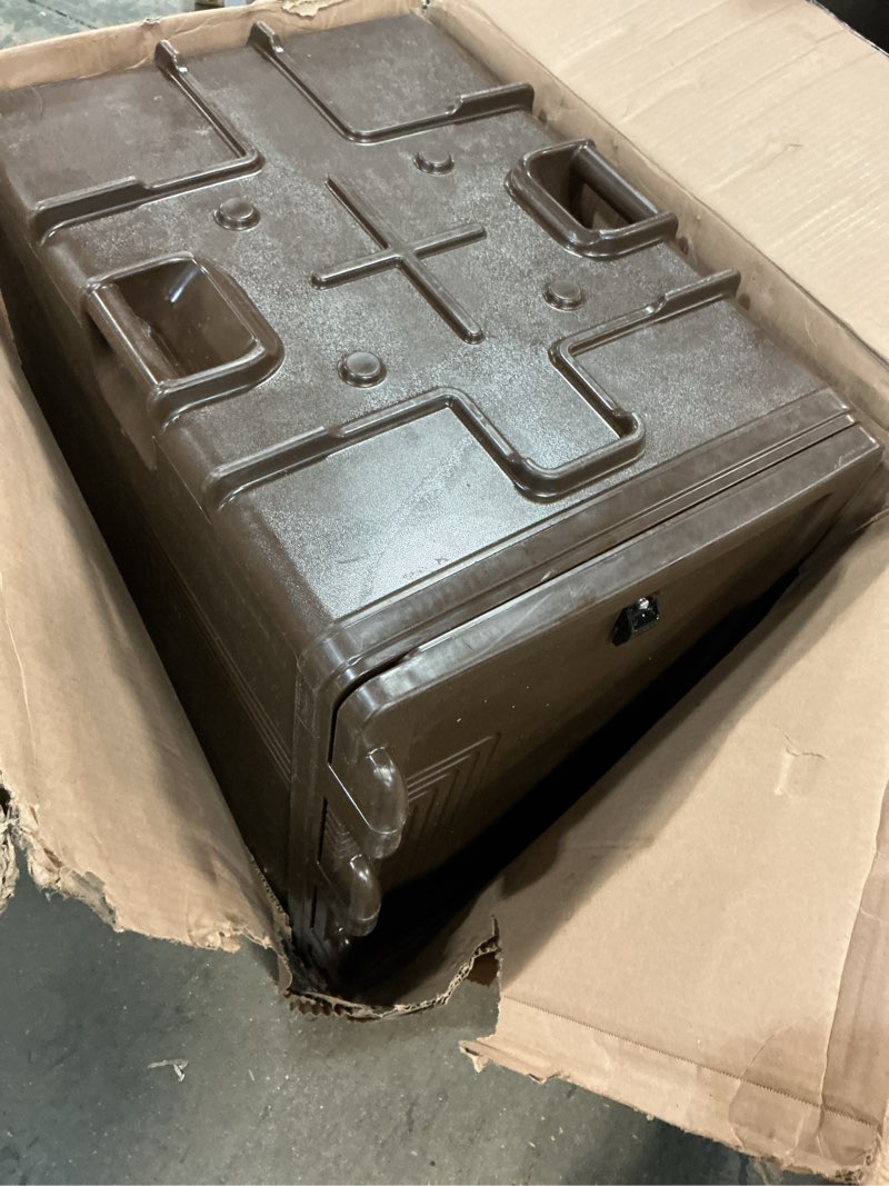 Condition photo showing As Is for Cambro UPCS400131 Ultra Pan Carrier® S-Series Dark Brown Front Loading Insulated Food Pan Carrier with Menu Clip / Pocket - Holds 6 Pans