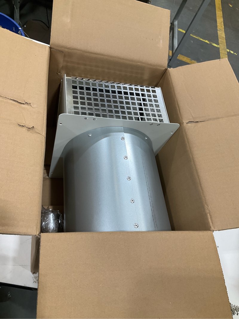 Condition photo showing Good Condition for 8 inch wall vent cover with damper & screen, exterior hooded exhaust vent cap for kitchen range hood, dryer, bathroom fan, hvac duct, outdoor air ventilation, galvanized steel, white 8 inch white