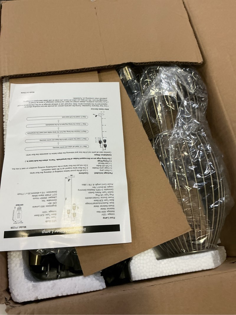 Condition photo showing New/Like New for Dimmable Floor Lamp, 3 x 800LM LED Edison Bulbs Included, Farmhouse Industrial Floor Lamp Standing Tree Lamp with Elegant Teardrop Cage Tall Lamps for Living Room Bedroom Office Dining Room-Brass Brass-70 inches