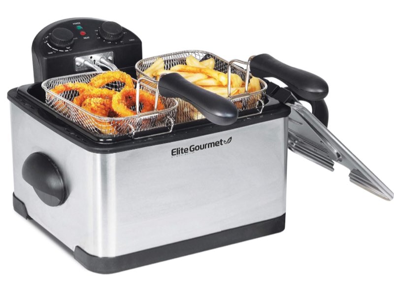 Elite Gourmet EDF-401T# Electric Immersion Deep Fryer 3-Baskets, 1700-Watt, Timer Control Adjustable Temperature, Lid with Viewing Window and Odor Free Filter, Stainless Steel and Granite