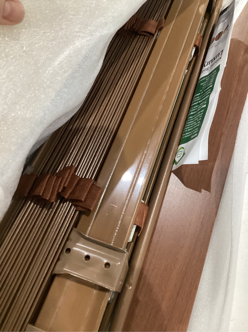 Condition photo showing As Is for 2" cordless solid wood blinds for indoor window,real wooden blackout blinds horizontal shutters, easy to install for home interior windows walnut 21.5" w x 36" h j-022-walnut 21.5"w x 36"h