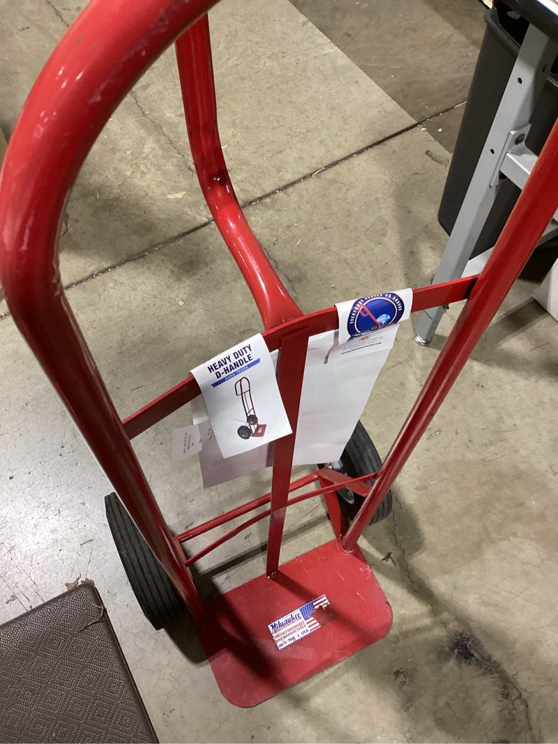 Condition photo showing As Is for milwaukee 800-lb capacity 2 -wheel red steel heavy duty hand truck