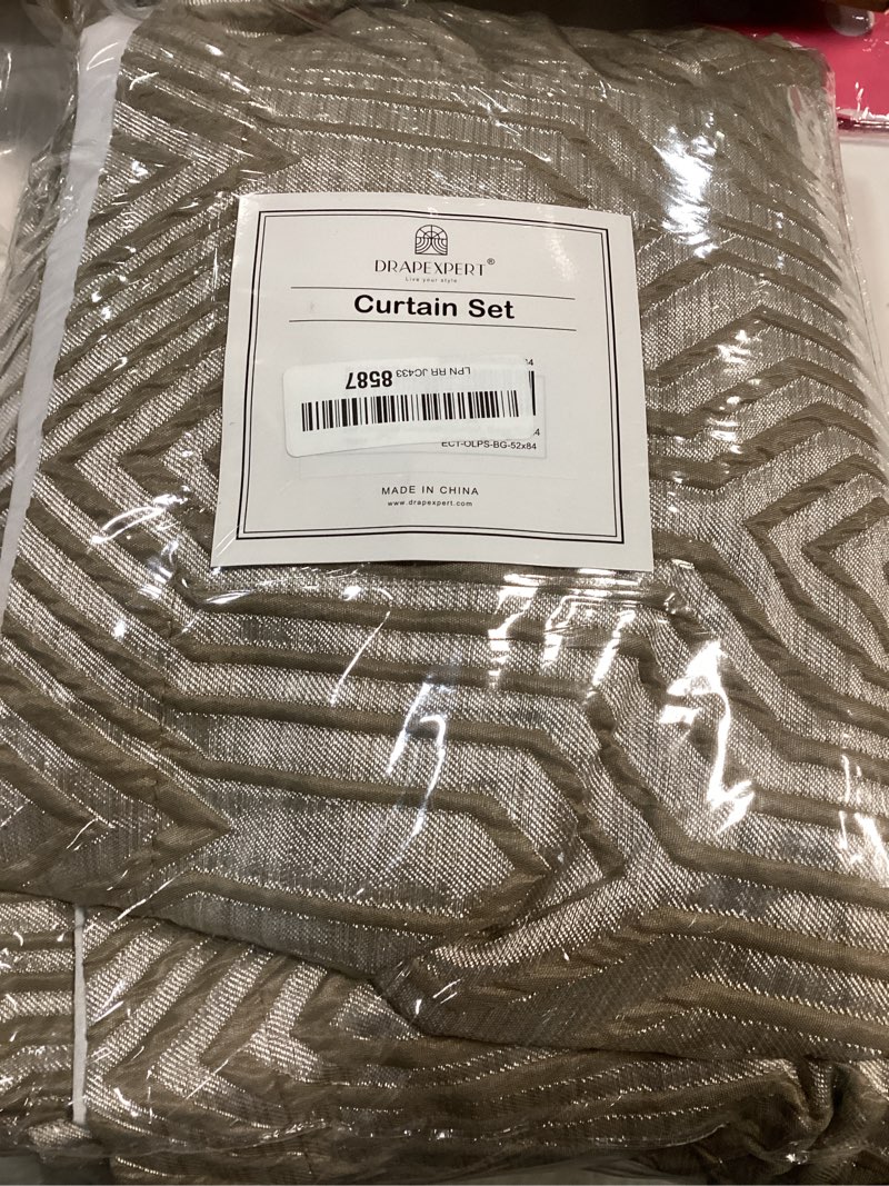 Condition photo showing Good Condition for Light Brown and Silvery 100% Blackout Jacquard Geometric Pattern Curtains,52 Inch Wide 84 Inch Length 2 Panels, Thermal Insulated Noise Reducing Anti-Rust Grommet Drapes for Bedroom Living Room
