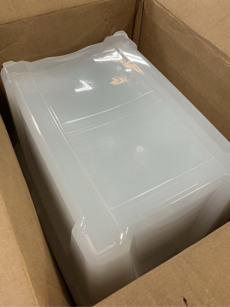 Condition photo showing As Is for IRIS USA 54 Qt Stackable Plastic Storage Bins with Lids, 6 Pack - BPA-Free, Made in USA - See-Through Organizing Solution, Latches, Durable Nestable Containers, Secure Pull Handle - Clear Clear 54 Qt 6 Pack