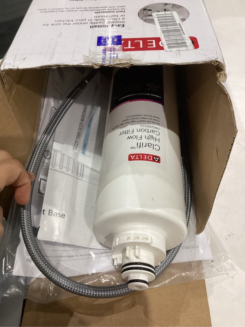 Condition photo showing As Is for delta clarifi high flow under sink water filter system, water filter for kitchen and bathroom sink faucet, dwq3501510