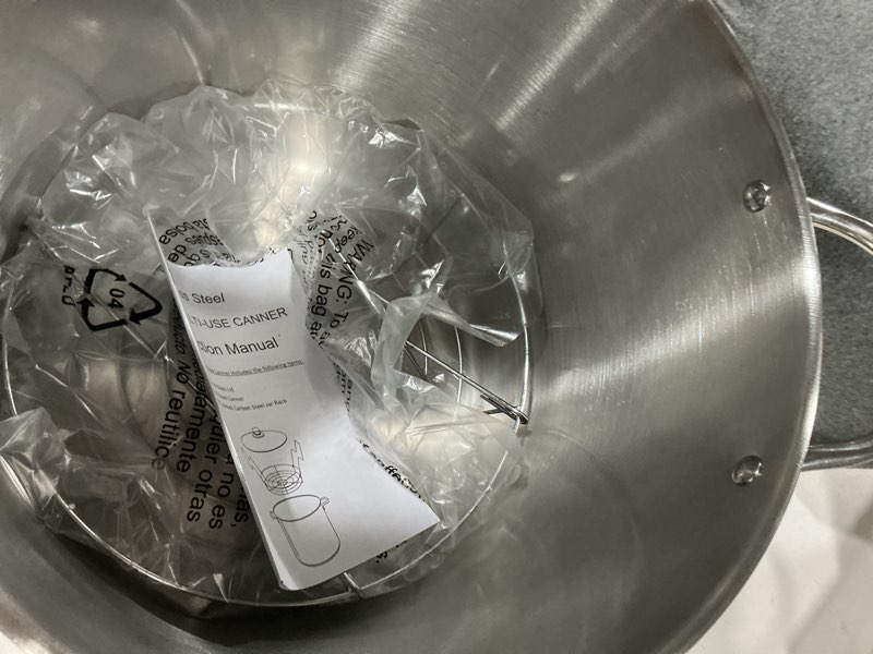 Condition photo showing As Is for mainstays stainless steel 21.5 qt multi-use water bath canner tempered glass lid silver