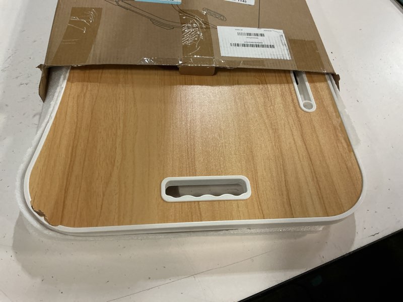 Condition photo showing As Is for zeaptac laptop bed desk, foldable lap desk, portable lap table, laptop stand with cup holder, tablet slot & lifting handle for work, write, draw & eat on bed, sofa or couch - wood