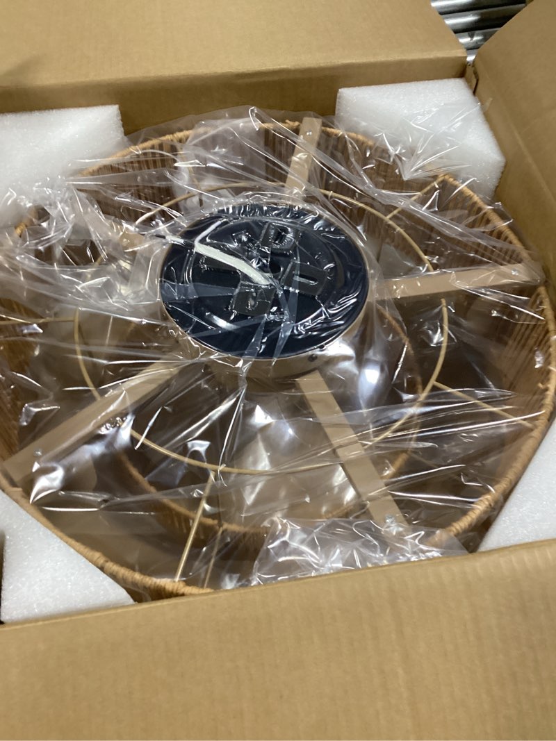 Condition photo showing Good Condition for 20'' Rattan Boho Ceiling Fan with Light, Enclosed Caged Ceiling Fans with Lights and Remote Control, Coastal Flush Mount with Reversible 6 Speeds for Living Room Bedroom Kitchen Boho Rattan