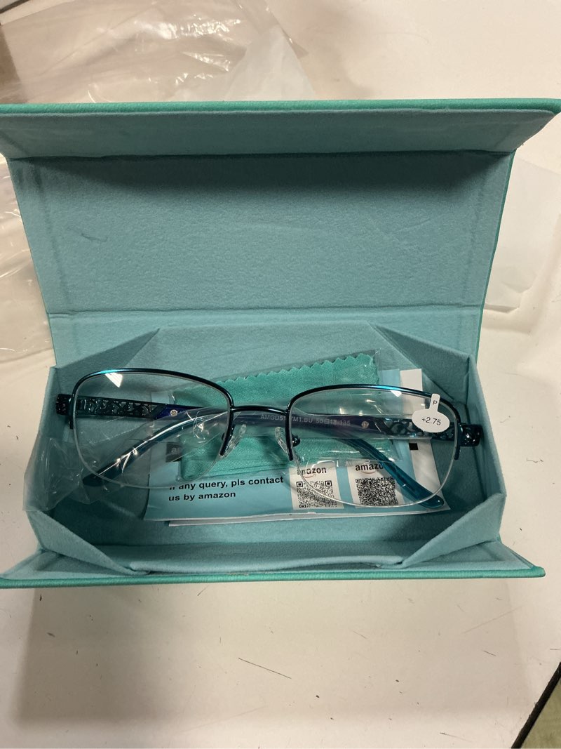 Condition photo showing Good Condition for dehotre progressive multifocal reading glasses women no line bifocal readers with nose pad metal half frame mid-near range clear/0 top/bifocal lens/blue 2.75 x