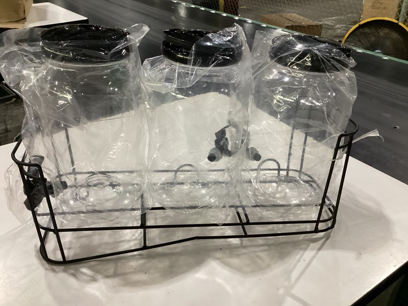 Condition photo showing As Is for tanlade 3 pcs plastic drink dispenser with stand beverage dispenser with sturdy metal base juice dispensers for parties lemonade jar spigot for weddings countertop, each 1 gallon(black)