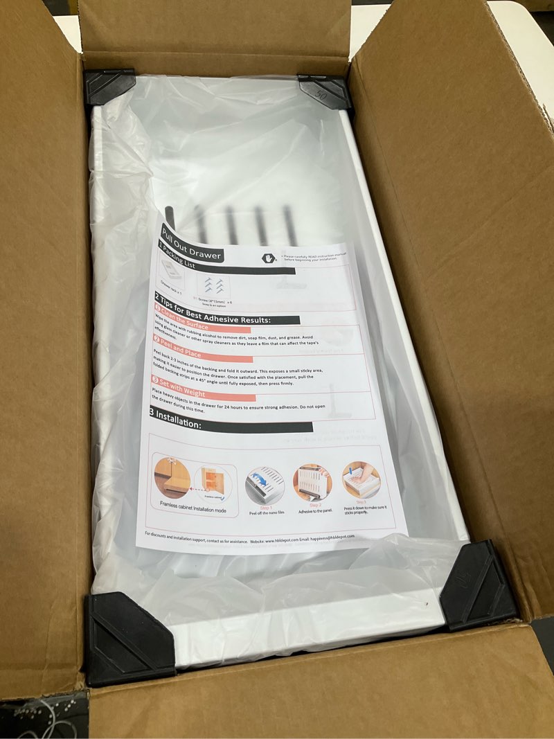 Condition photo showing Good Condition for 1 Pack | 21" Deep Pull Out Cabinet Organizer Adhesive, 10-Inch Wide Sturdy Carbon Steel Roll-Out Drawers for Face Frame or Frameless Cabinets,Slide-Out Shelves for Pantry. 21"D x 10.0"W x 3.1"H White 1