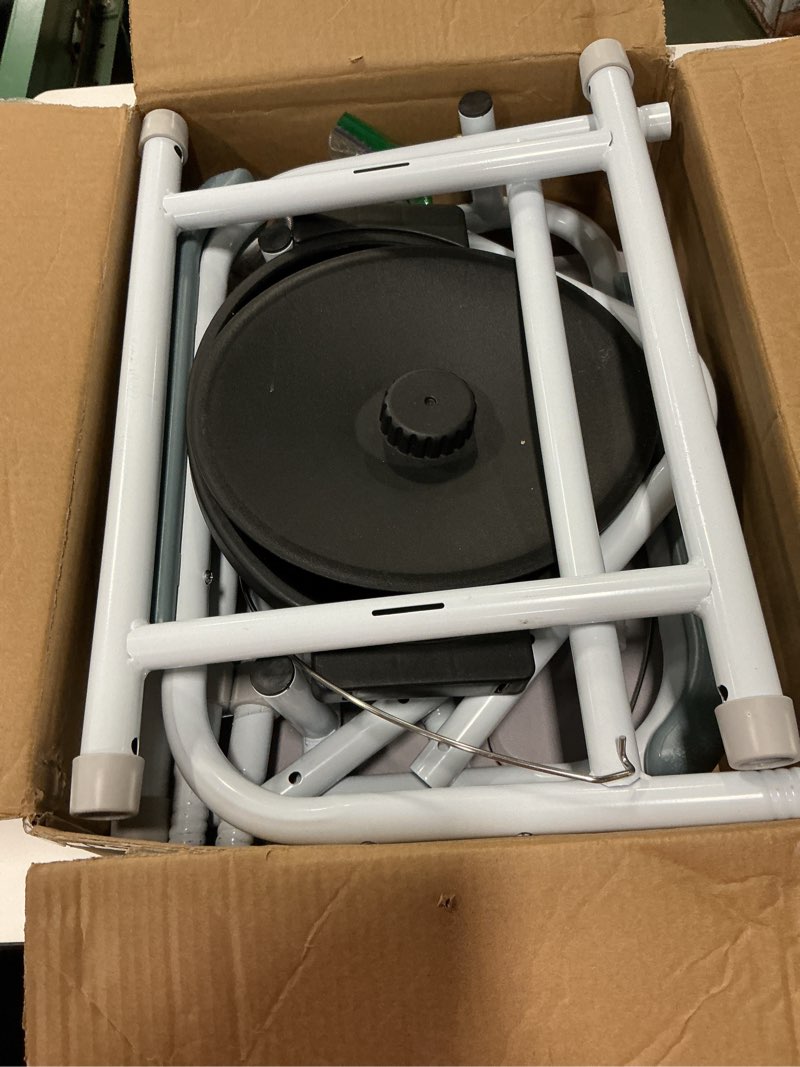 Condition photo showing As Is for Adjustable Medical Bedside Commode Chair with Padded Backrest, Height Adjustable, Drop Arm Support Improved toilet chair