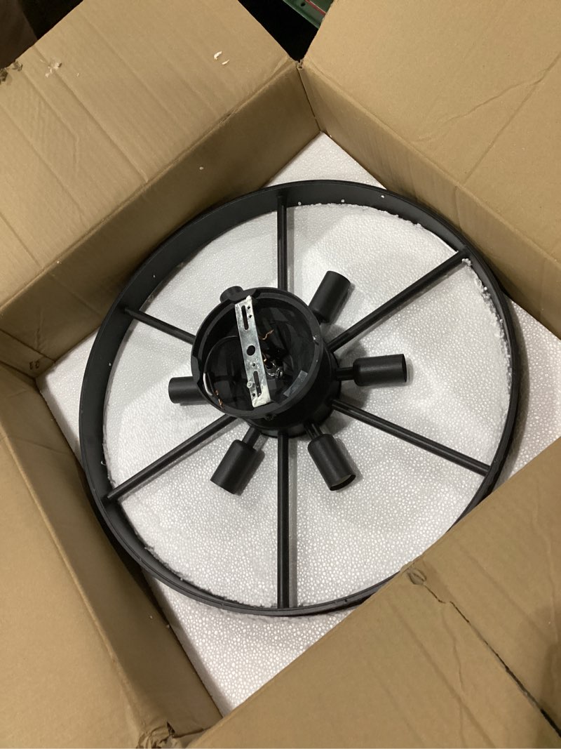 Condition photo showing New/Like New for Not tested!!! 6-Lights Rustic Metal Ceiling Light Fixture Black Round Industrial Living Room Light Semi-Flush Mount Farmhouse Chandelier for Kitchen Island Dining Room Entryway Bedroom Hallway