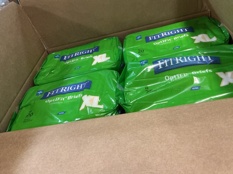 Condition photo showing New/Like New for FitRight OptiFit Extra+ Adult Diapers with leak stop guards, Disposable Incontinence Briefs with Tabs, Moderate Absorbency, X-Large, 57"-66", 20 count (Pack of 4) Case of 80 X-Large