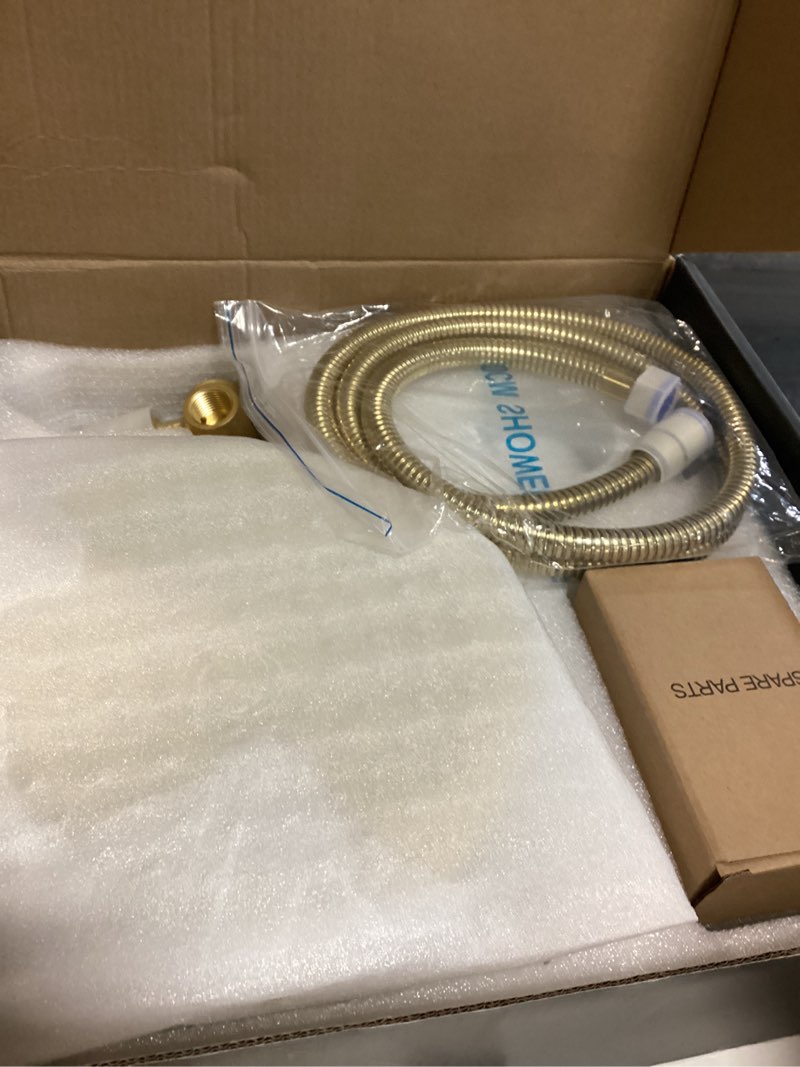 Condition photo showing New/Like New for shower system, gold shower faucet set, 8" rainfall shower head and handheld spray combo, round shower head and handle set with valve and trim kit, brushed gold