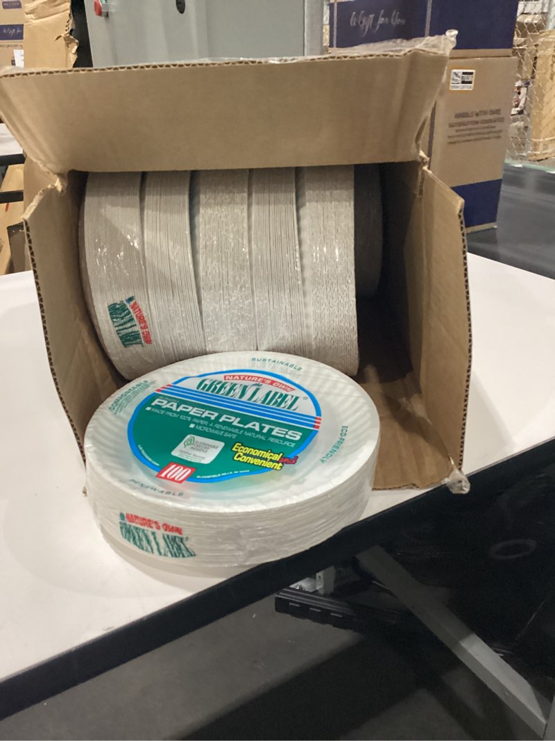 Condition photo showing New/Like New for Nature s Own Green Label Paper Plates  9” White  12/100 Ct