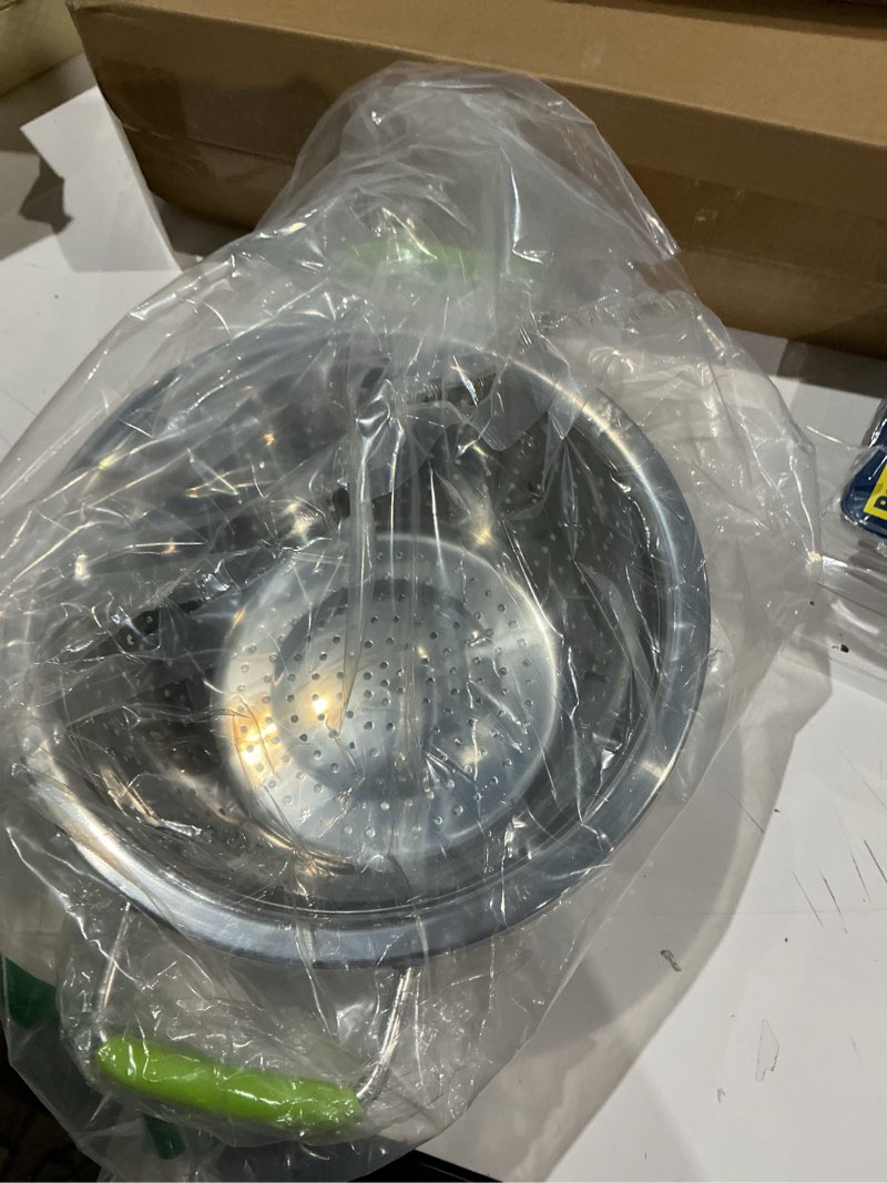 Condition photo showing Good Condition for stainless steel deep colander micro-perforated 2.5 quart metal food strainer with green silicone handles for draining pasta cleaning food like fruit green double handle 2.5-quart