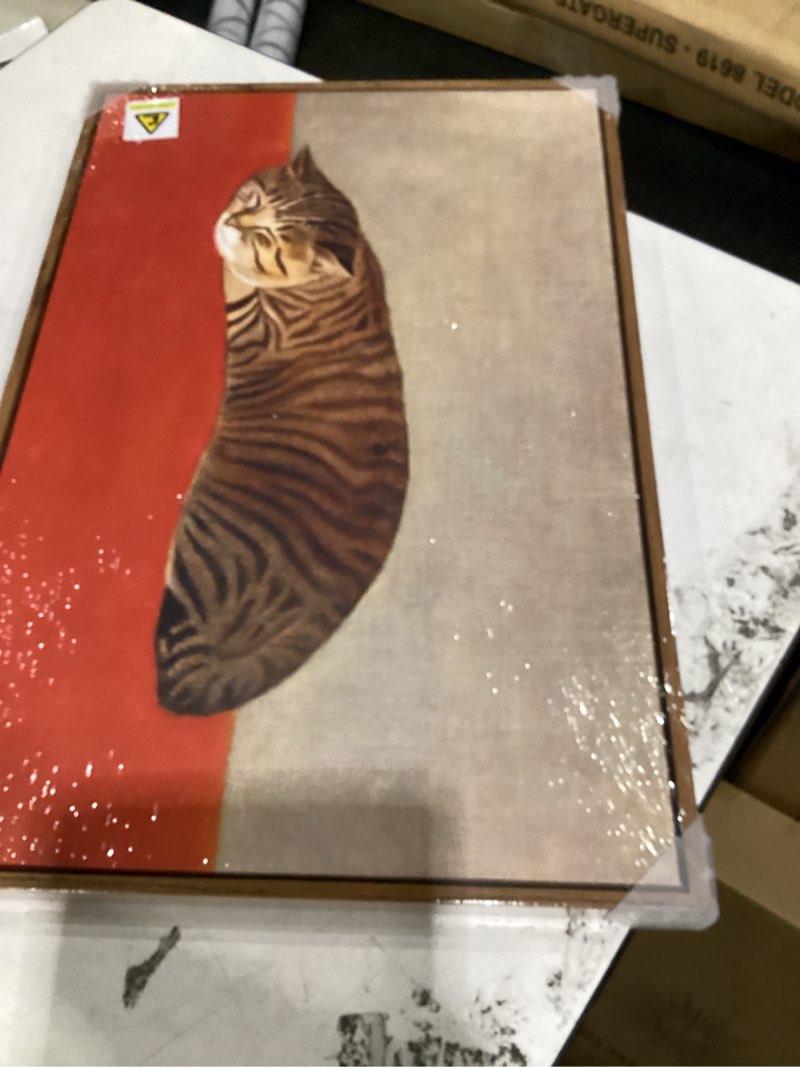 Condition photo showing New/Like New for framed vintage cat wall art for bedroom, modern minimalist neutral cozy animal canvas painting prints, retro brown earth tone aesthetic sleeping cat artwork for living room nursery wall decor, 16x24 24"l x 16"w orange & brown