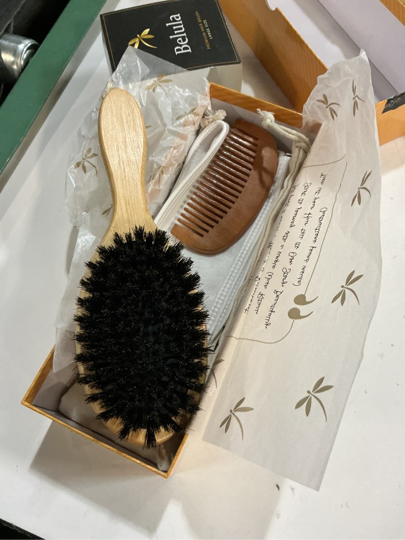Condition photo showing Good Condition for 100% Boar Bristle Hair Brush for Women Set by Belula (L Size). Soft Natural Bristles for Thin and Fine Hair. Wooden Comb, Travel Bag and Spa Headband Included! Large (4 PIECE SET)