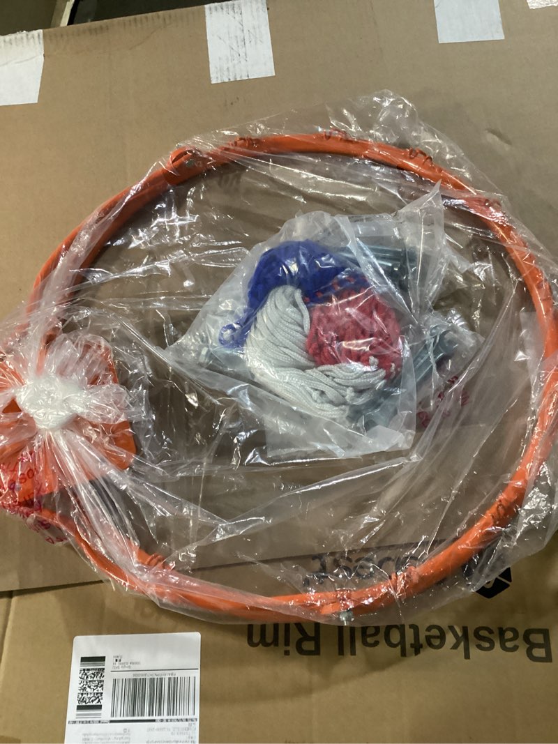 Condition photo showing New/Like New for asbest 18" solid steel rim, heavy-duty basketball hoop rim net replacement, anti-bending & anti-fracture design, fits most basketball hoop outdoor