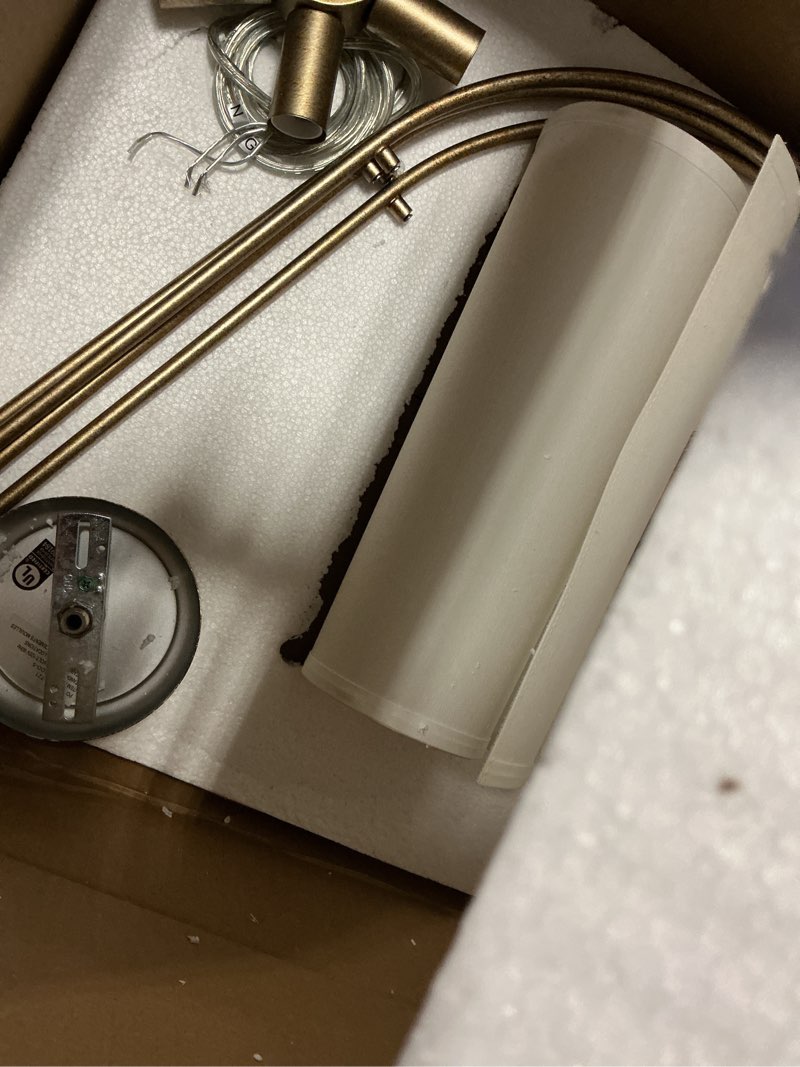 Condition photo showing New/Like New for Rustic Modern Chandelier for Entryway, Dining Room Chandelier with Off-White Fabric Shade, Gold Pendant Light Fixture for Bedroom Kitchen Farmhouse