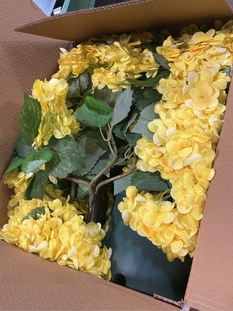 Condition photo showing Good Condition for faux hydrangea tree 30" tall (2 pack), artificial hydrangea plant in pot with yellow flowers, realistic hydrangea tree for indoor outdoor porch, patio, home decor yellow 2