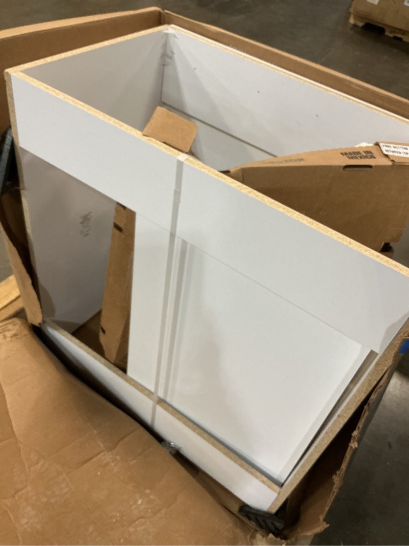 Condition photo showing As Is for project source 30-in white single sink bathroom vanity with white cultured marble top