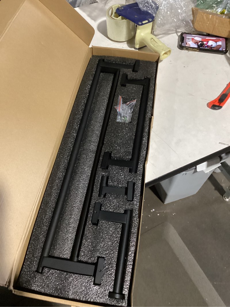 Condition photo showing As Is for Miyili Matte Black 4-Piece Bathroom Hardware Kit Set Stainless Steel Wall Mount - Includes Double Towel Bar, Hand Towel Rack, Toilet Paper Holder, Robe Hook, BS02B4