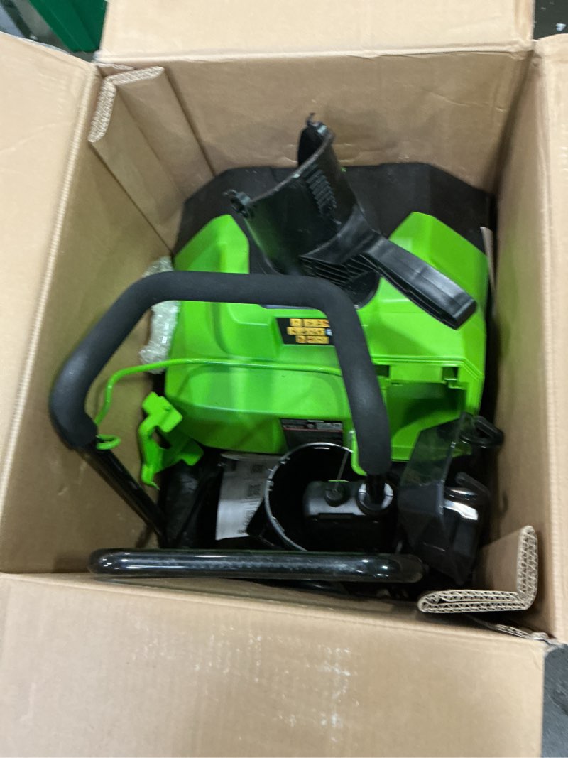 Condition photo showing As Is for Greenworks 40V (75+ Compatible Tools) 16” Cordless Snow Blower, 5.0Ah Battery and Charger Included, SN40B410