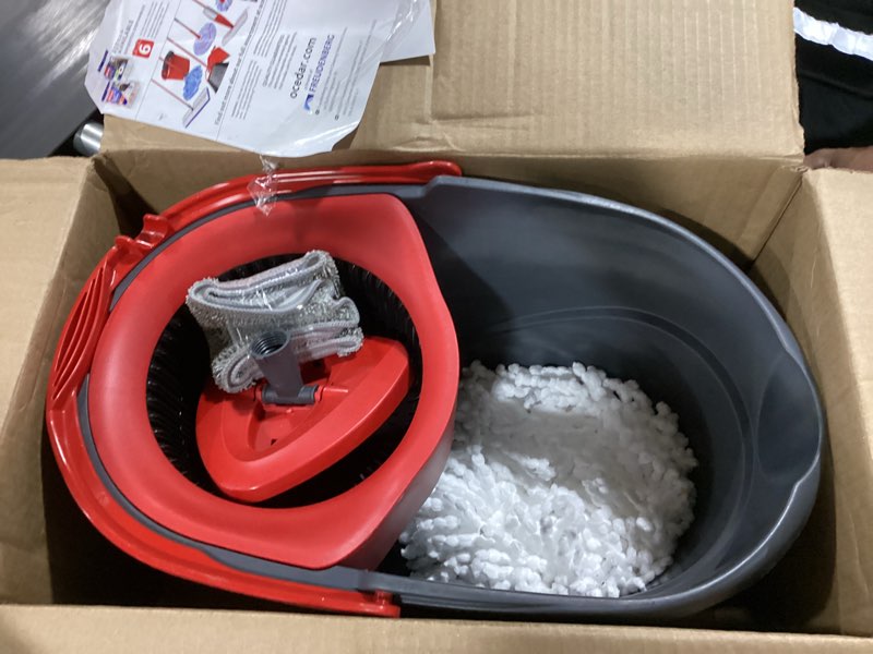 Condition photo showing As Is for o-cedar easywring microfiber spin mop & bucket floor cleaning system + 2 extra mop head replacements with citrus and lavender pacs (variety pack)