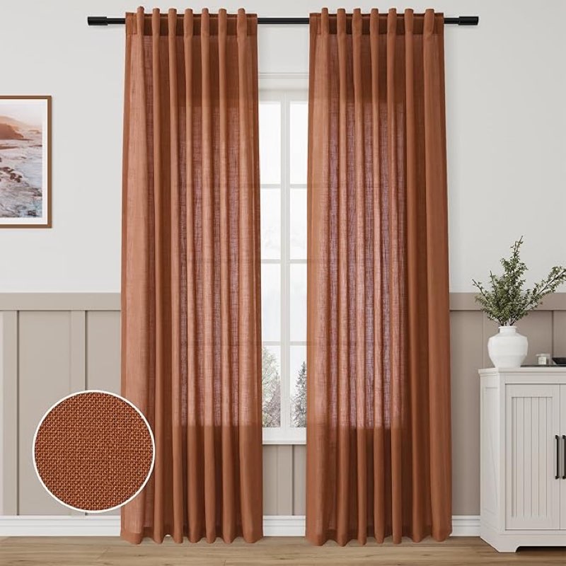 RYB HOME Faux Linen Curtains 102 inches Long, Elegant Textured Sheer Drapes Boho Window Decor for Ba