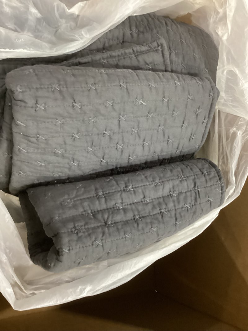 Condition photo showing Good Condition for Levtex Home Cross Stitch Reversible King/Cal King Quilt Set (106x92in) and 2 Pillow Shams (36x20in) - Stitch Texture - Charcoal - Cotton King Size Quilt Bedding Set - Lightweight Soft Pre-Washed Quilt - King Charcoal