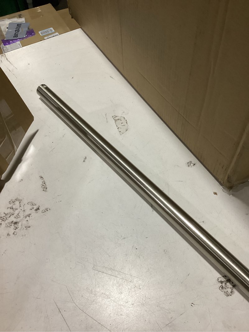 Condition photo showing As Is for 24-inch ceiling fan downrod, 2-foot brushed nickel ceiling fan extension rod, 1-inch od, ceiling downrod for various fans (only fans boom, no thread & cord)