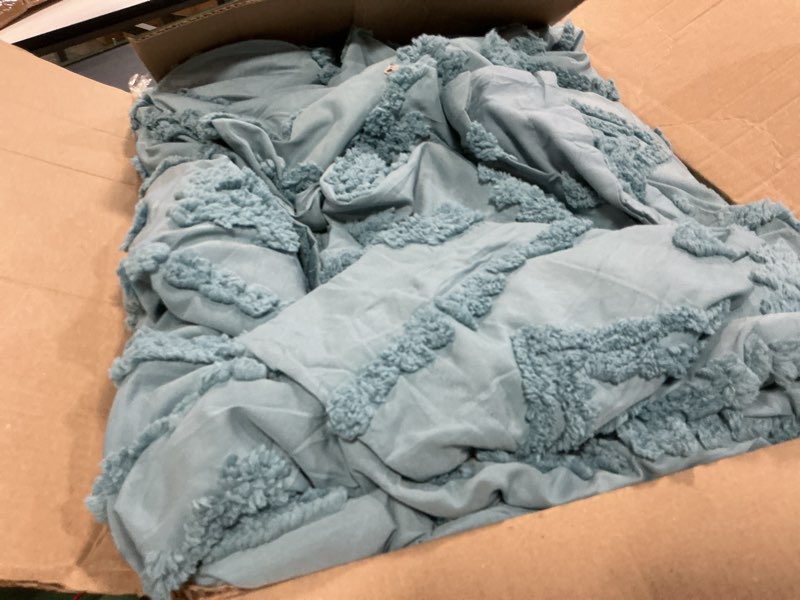 Condition photo showing As Is for bedsure boho tufted blue comforter king size, gentlesoft™ 3 pieces boho farmhouse decor bedding, exquisite shabby chic bedding for all seasons, 1 bed comforter, 2 pillow shams, 104x90 inches king (104" x 90") 03 - shabby chic grayish blue