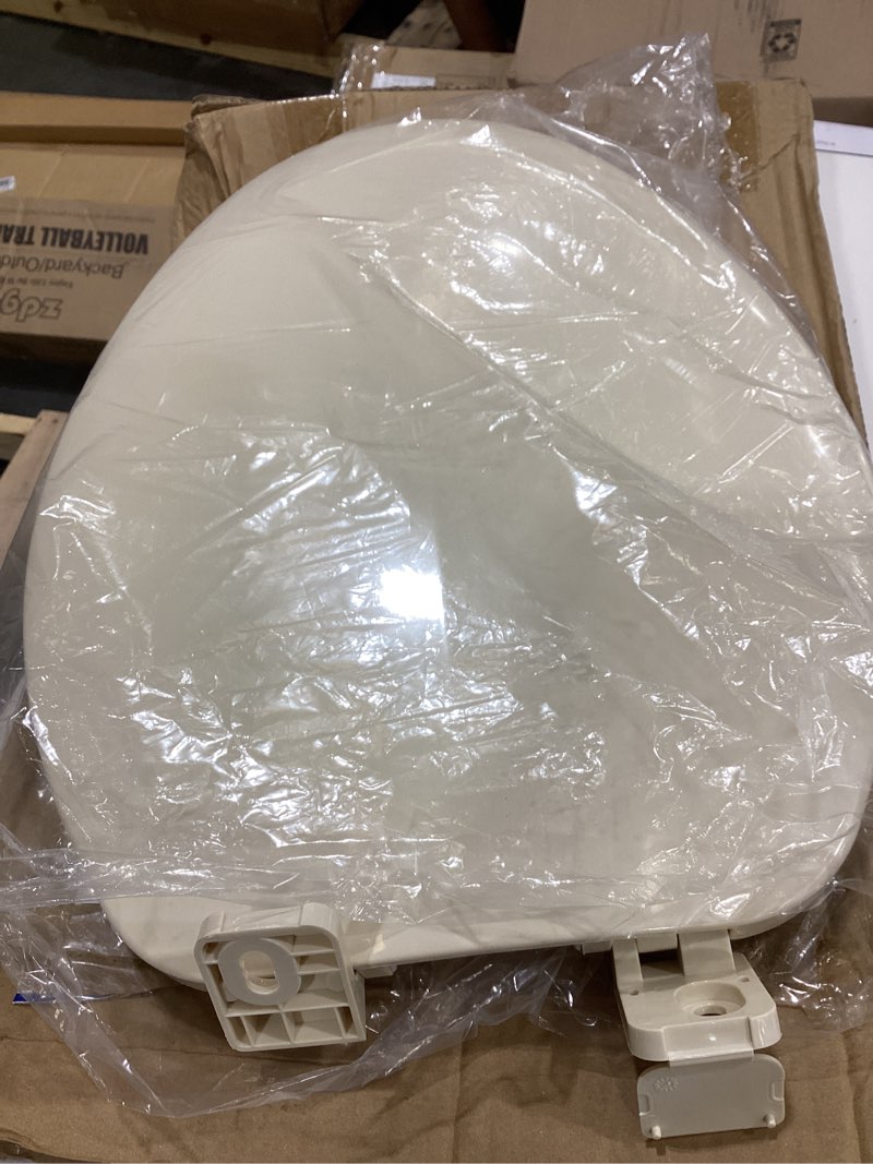 Condition photo showing As Is for highcraft premium elongated toilet seat with adjustable hinges - molded plastic toilet seat - fits standard elongated toilets - oval seat in bone/beige elongated bone