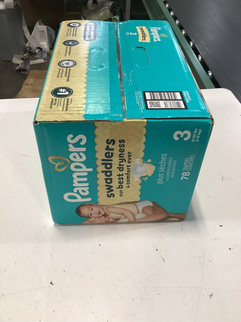 Condition photo showing New/Like New for pampers swaddlers diapers, size 3 (13-26 lbs), 78 count, absorbent, keeps baby dry and comfortable, skin safe disposable baby diaper size 3 78