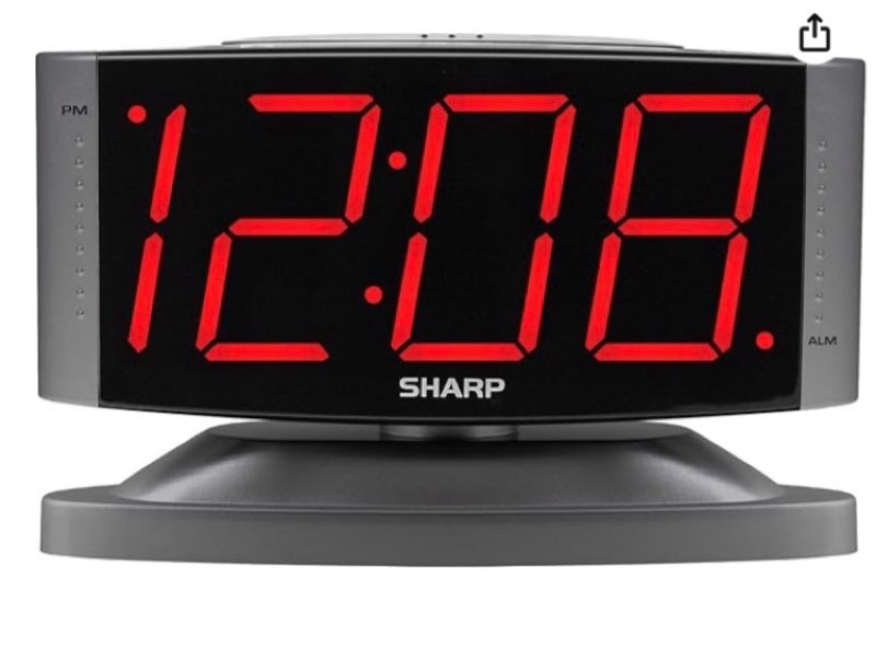 sharp home led digital alarm clock – swivel base - outlet powered, simple operation, alarm, snooze, brightness dimmer, big red digit display, gun metal silver  case