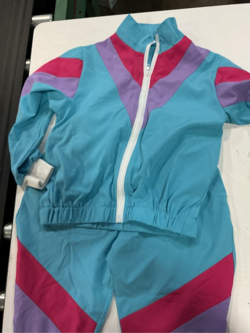 Condition photo showing Good Condition for sizgaroot 80s 90s retro windbreaker set girls workout costume outfit track suit for girls 5-6 years blue