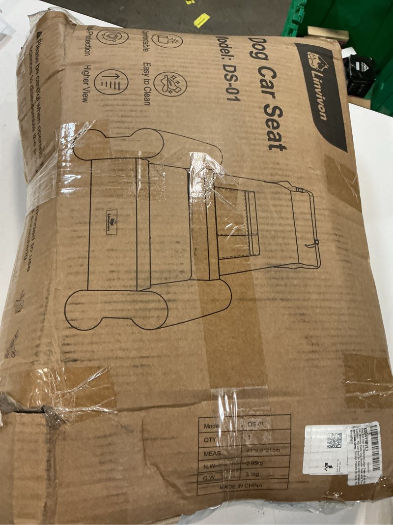 Condition photo showing As Is for dog car seat for medium/large dogs up to 60 lbs, memory foam dog booster seat with thick cushion, pet car seat for back with detachable washable cover, storage pockets for suv, pick up, trunk, grey