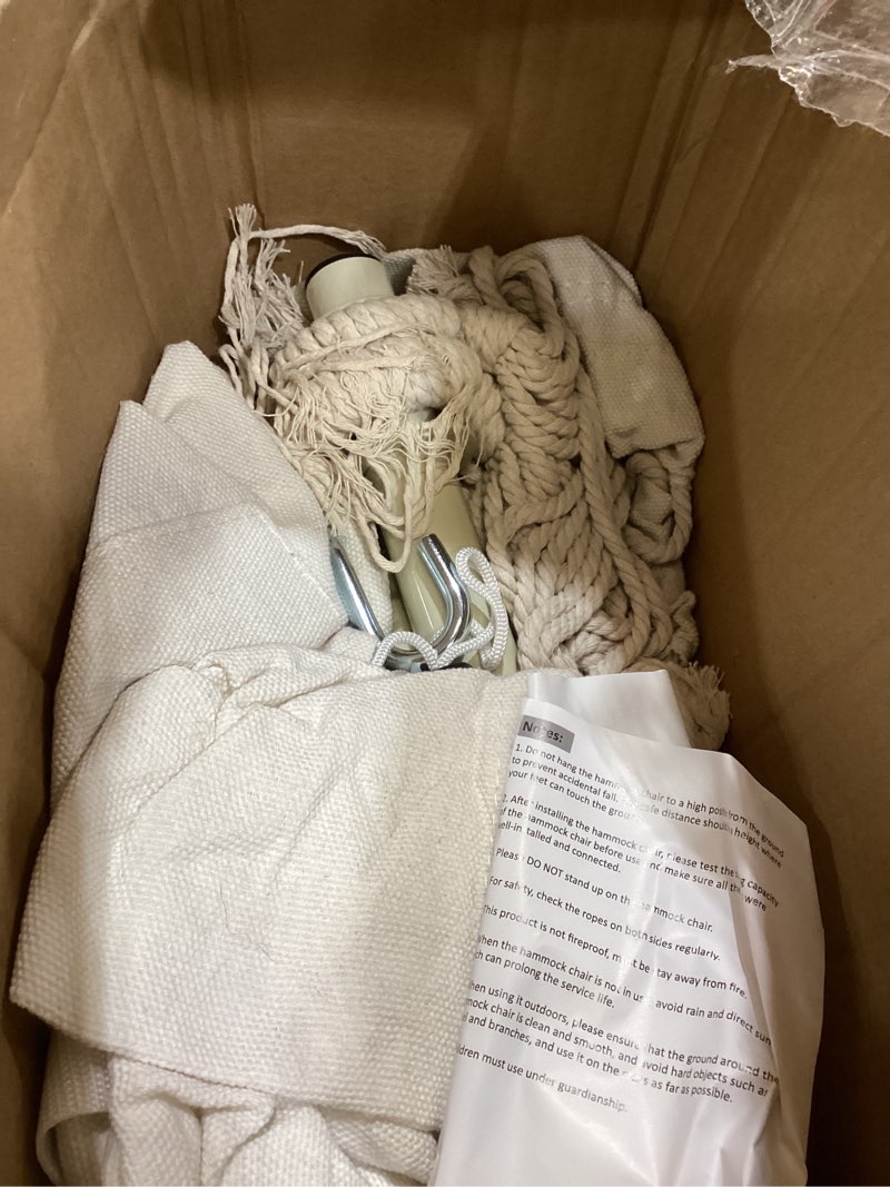 Condition photo showing Good Condition for y- stop hammock chair hanging rope swing, max 500 lbs, 2 cushions included, large macrame hanging chair with pocket for superior comfort, with hardware kit (beige) b-beige