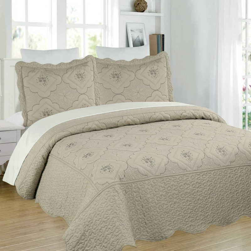 3 piece floral embroidered quilted bedspread-beautiful stitching- lightweight bedspread set queen/king size